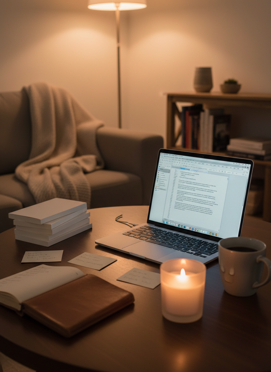 A tranquil evening writing scene in Marcella’s home: a sleek dark-wood table with a laptop open to a draft manuscript, surrounded by scattered index cards, a leather-bound notebook, and a small stack of unmarked proof copies. A candle in a frosted glass holder glows softly beside a simple ceramic mug, its surface catching warm reflections. Beyond the table, a sofa with a folded blanket and a low bookshelf create a blurred backdrop. The room is lit by a single warm floor lamp and the laptop’s cool screen, creating a sophisticated contrast. Photographic realism, three-quarter angle with shallow depth of field, evoking focus, quiet ambition, and intimate creative energy.