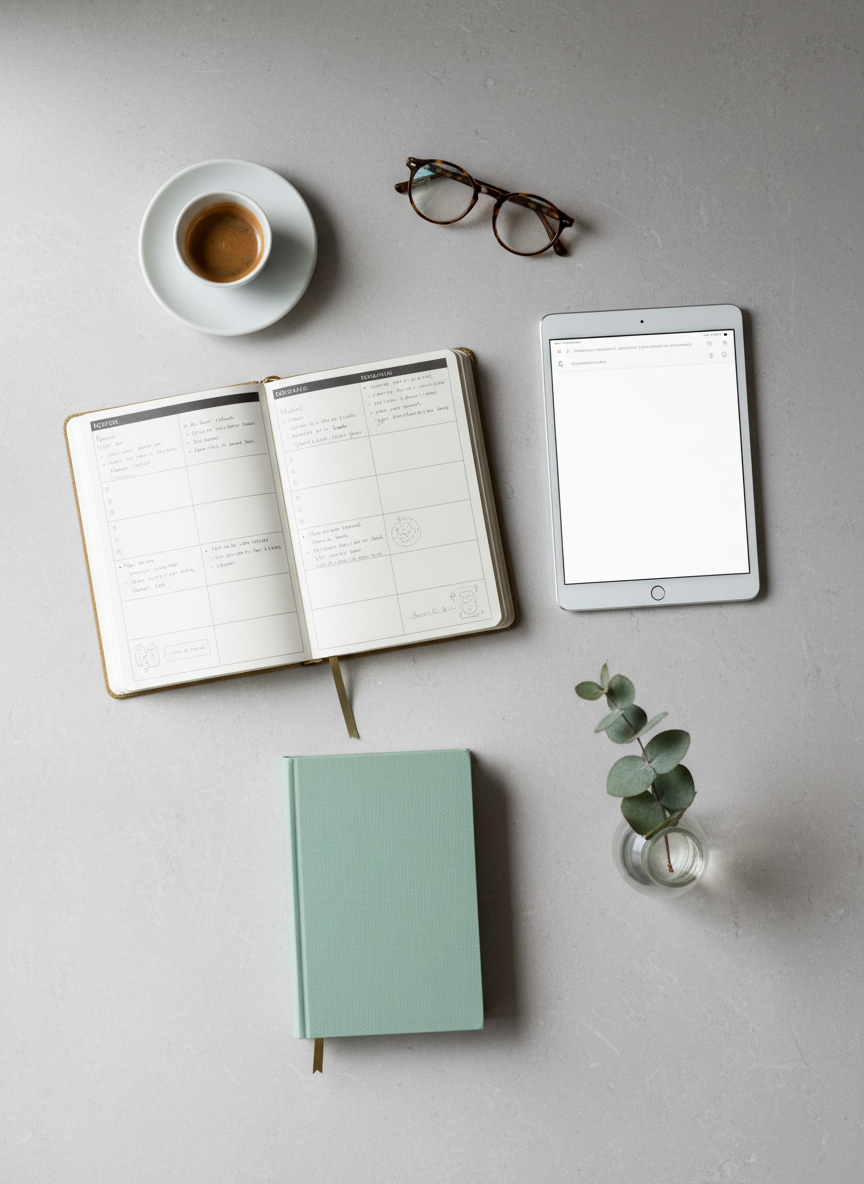 A refined flat lay of Marcella’s daily author essentials on a smooth, pale stone tabletop: an open planner with neatly written notes, a slim tablet displaying a blank document, a pair of tortoiseshell reading glasses, and a minimalist bookmark resting on a closed, cloth-covered novel. A delicate porcelain saucer holds a half-finished espresso. A single sprig of greenery in a glass bud vase softens the scene. Soft overcast window light from the left creates even illumination with subtle shadows. Photographic realism, shot directly overhead, with a balanced, sophisticated composition and calm, organized atmosphere that suggests a thoughtful writing routine and everyday life in motion.