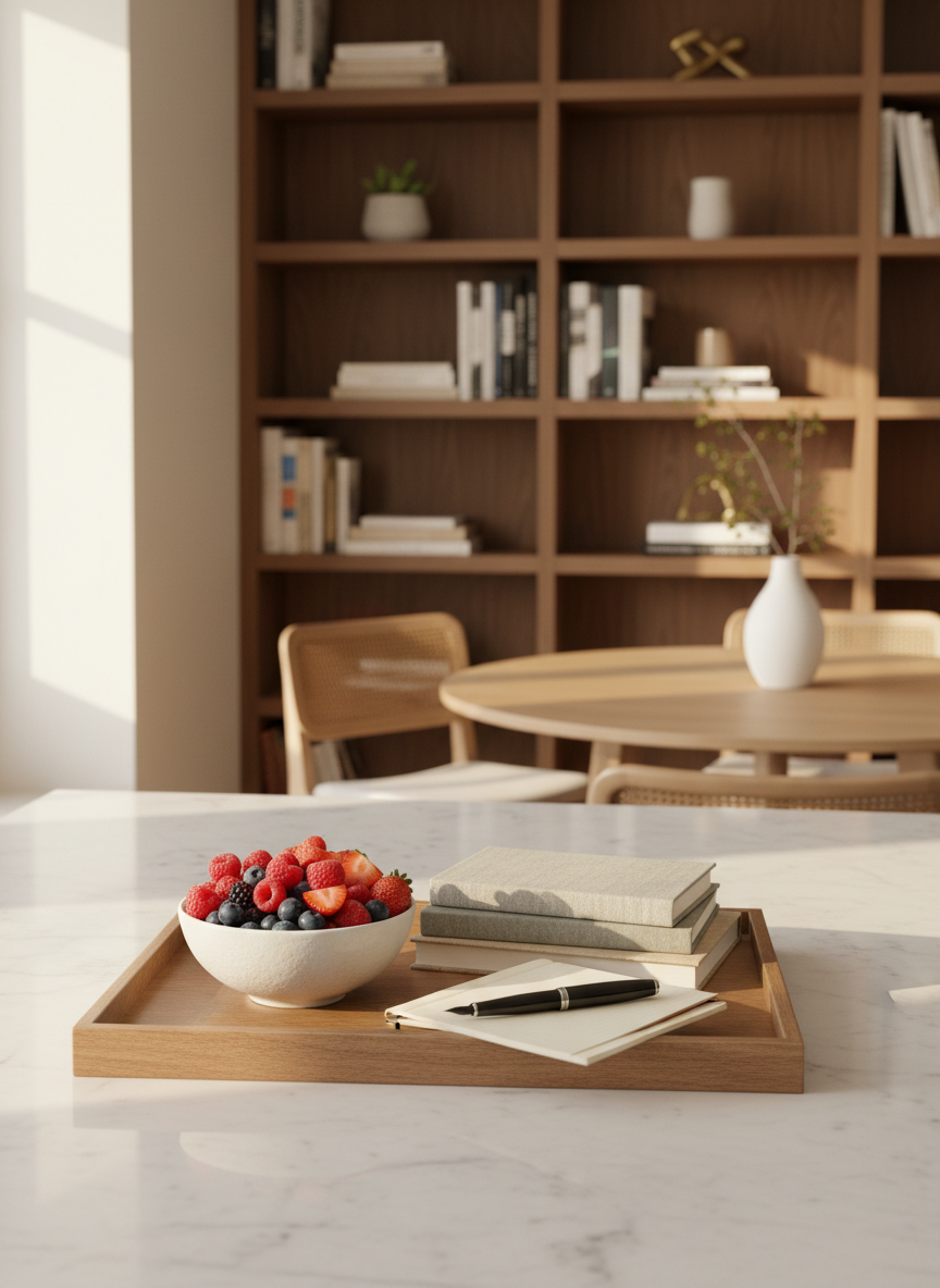A serene morning kitchen vignette that hints at Marcella’s life beyond the page: a marble island with a wooden breakfast tray holding a bowl of fresh berries, a small stack of unbranded paperbacks, and a slim notebook with a pen tucked inside. In the background, a built-in bookshelf near the dining area displays an elegant mix of novels and simple decor items. Soft golden morning light streams through unseen windows, creating gentle highlights on the marble and subtle book-spine reflections. Photographic realism, medium-wide shot at counter height, with a sophisticated, airy, and welcoming atmosphere that blends daily routine with a love of reading and writing.