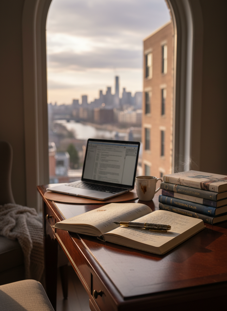 A polished wooden writing desk dedicated to Marcella’s work, with an open linen-bound notebook at the center, a fountain pen resting across a half-finished page, and a neat stack of hardcover novels with elegant dust jackets nearby. A slim laptop sits slightly to the side, its screen faintly glowing. The desk is positioned beside a tall window overlooking a softly blurred cityscape. Late afternoon natural light pours in, casting warm, elongated shadows and gentle highlights on the notebook pages. Photographic realism, eye-level composition with a shallow depth of field, creating a sophisticated, calm, and inviting atmosphere that reflects an author’s everyday writing life and growing library.