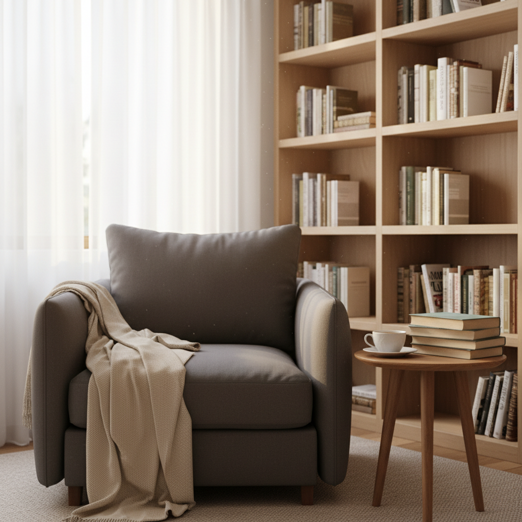 A cozy reading corner that represents Marcella’s future readers: an overstuffed charcoal-gray armchair with a cashmere throw draped over one arm, a small side table holding a ceramic cup of tea and a neat tower of well-loved paperback books with unbranded covers. Behind the chair, a tall bookshelf filled with varied spines stretches upward, a few spaces left open to suggest Marcella’s forthcoming titles. Soft morning sunlight filters through sheer curtains, creating a gentle glow and subtle dust motes in the air. Photographic realism from a slightly elevated angle, with warm, serene, and welcoming mood, clean modern styling, and softly blurred background edges.