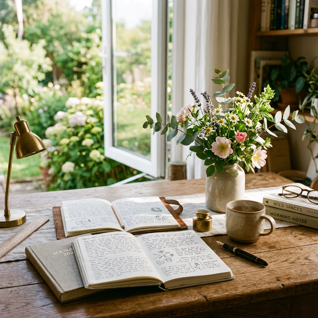 Open journals, coffee, flowers, and pen on a wooden table by garden window