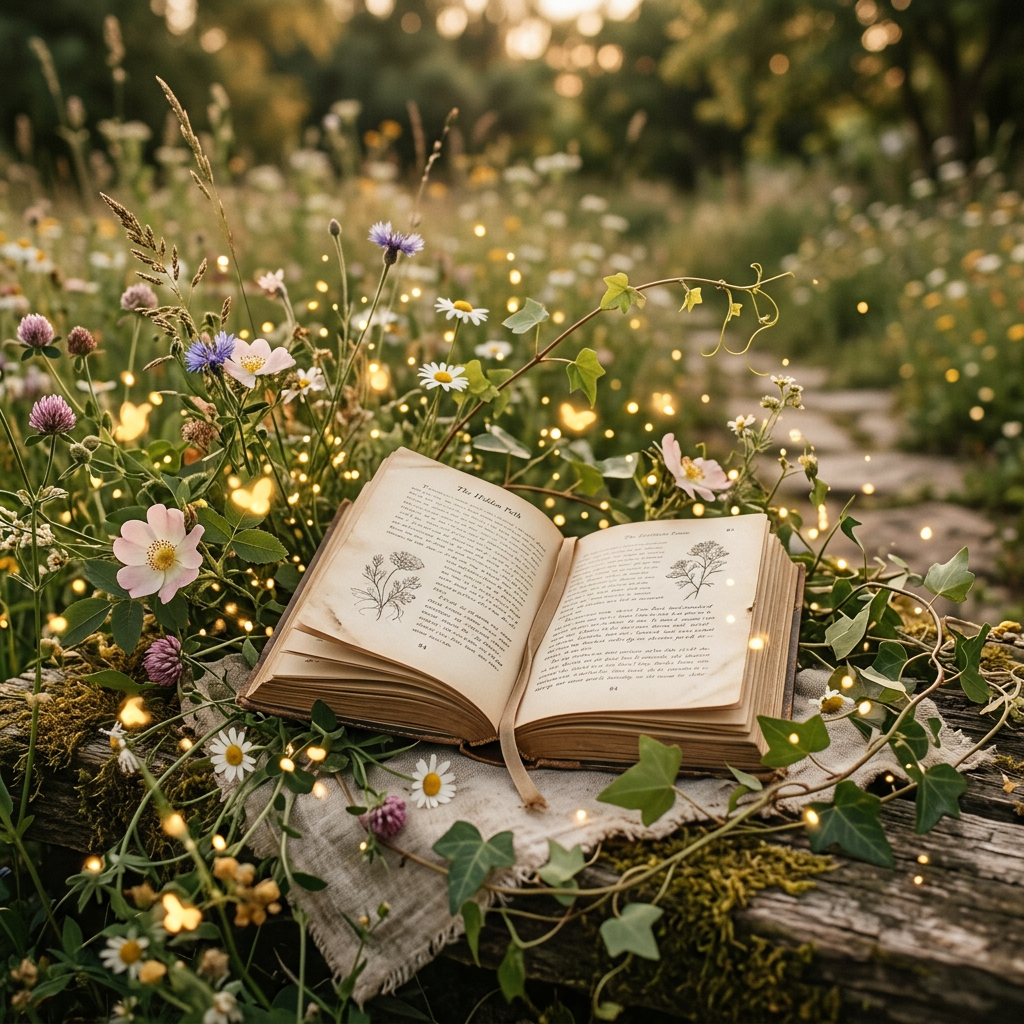 Open illustrated book resting among wildflowers and glowing woodland lights